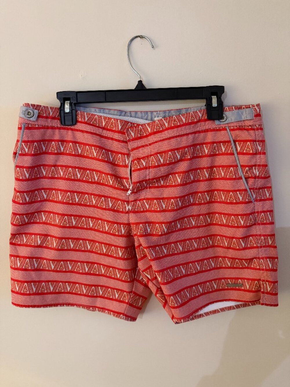 Parke & Ronen Men’s 34 Red White Print Swim Trunks Stretch Lined